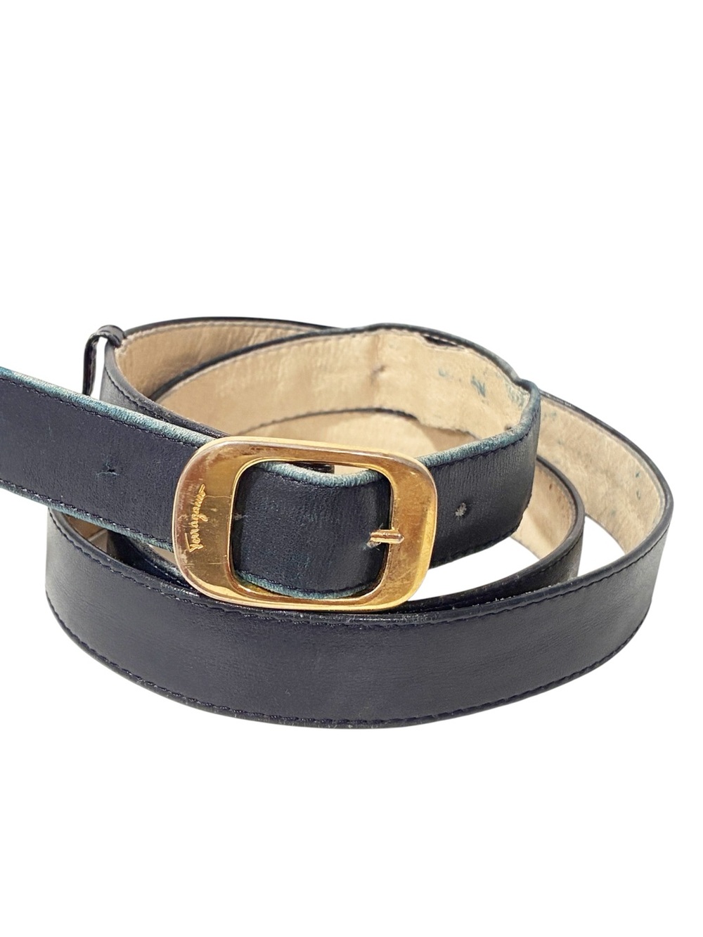 Salvatore Ferragamo Blue Leather Skinny Belt Gold Hardware